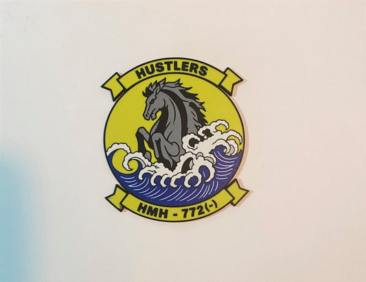 Photograph of the HMH-772 Hustlers 3D-printed emblem by Heritage Forge Designs