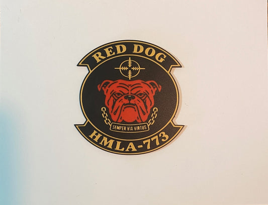 Photograph of the HMLA-773 Red Dog 3D-printed emblem by Heritage Forge Designs