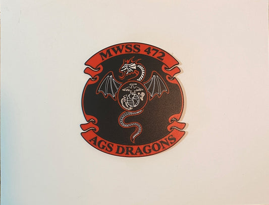 Photograph of the MWSS-472 AGS Dragons 3D-printed emblem by Heritage Forge Designs